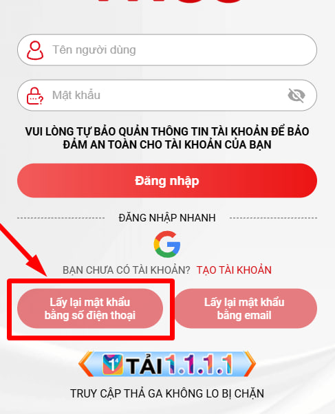 Lấy lại mật khẩu bằng số điện thoại