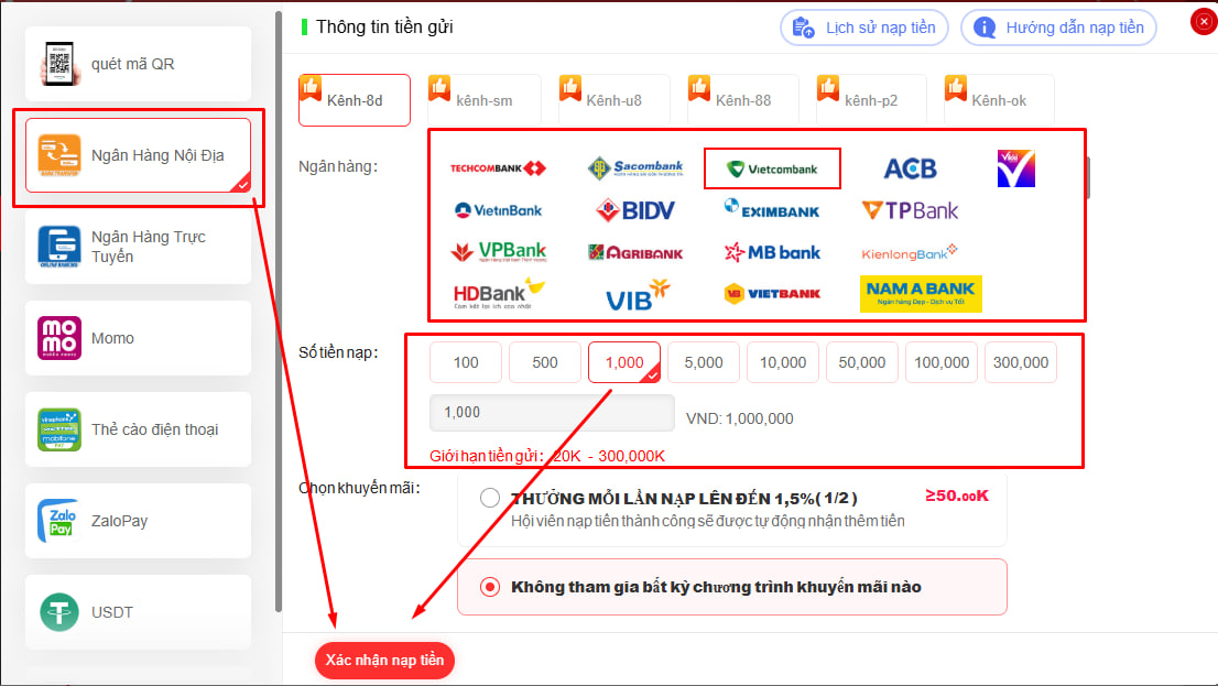 Nạp tiền bằng Ngân Hàng Nội Địa